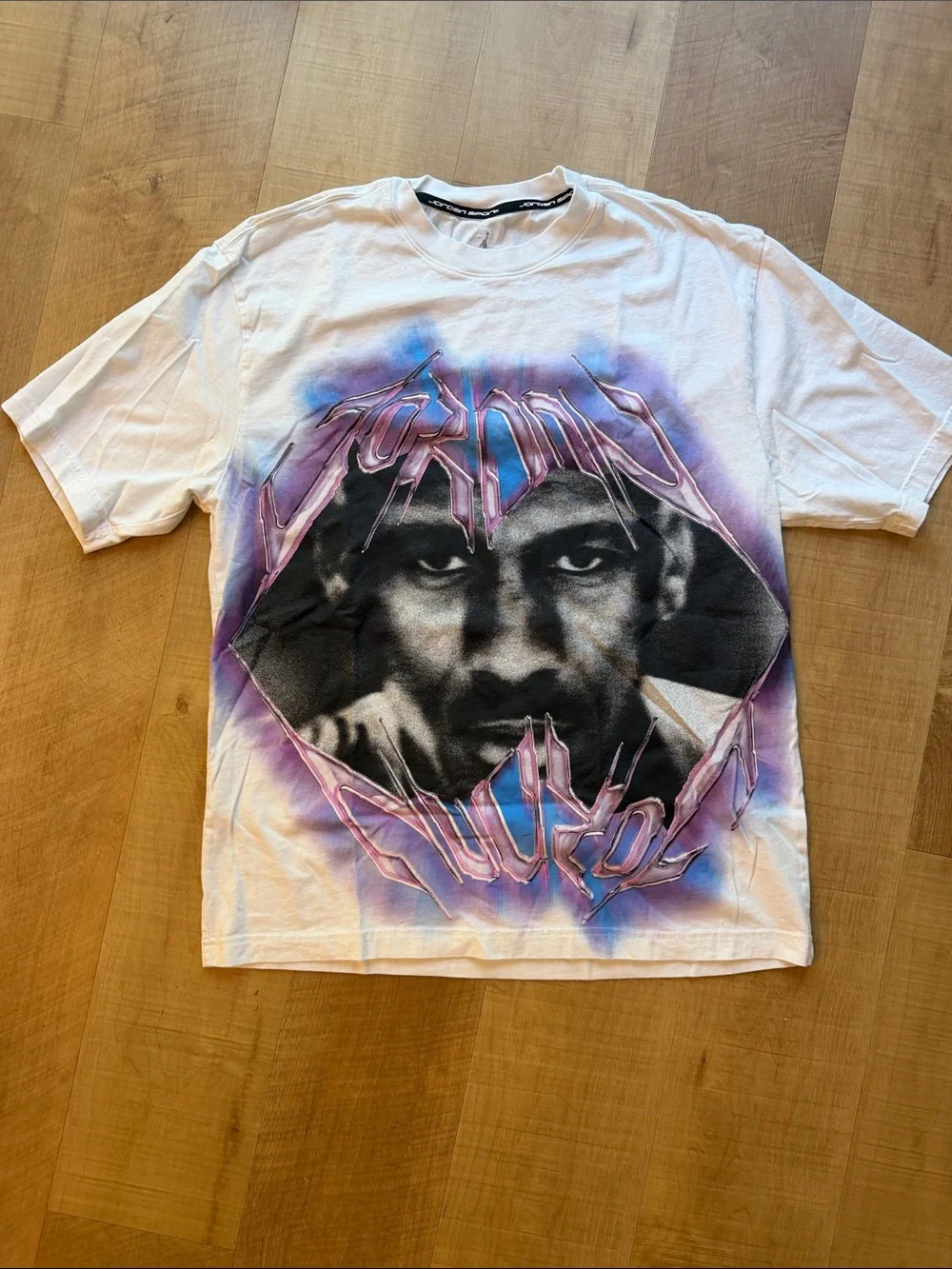 Jordan White Short-Sleeve Tee with Purple & Blue Portrait Graphic